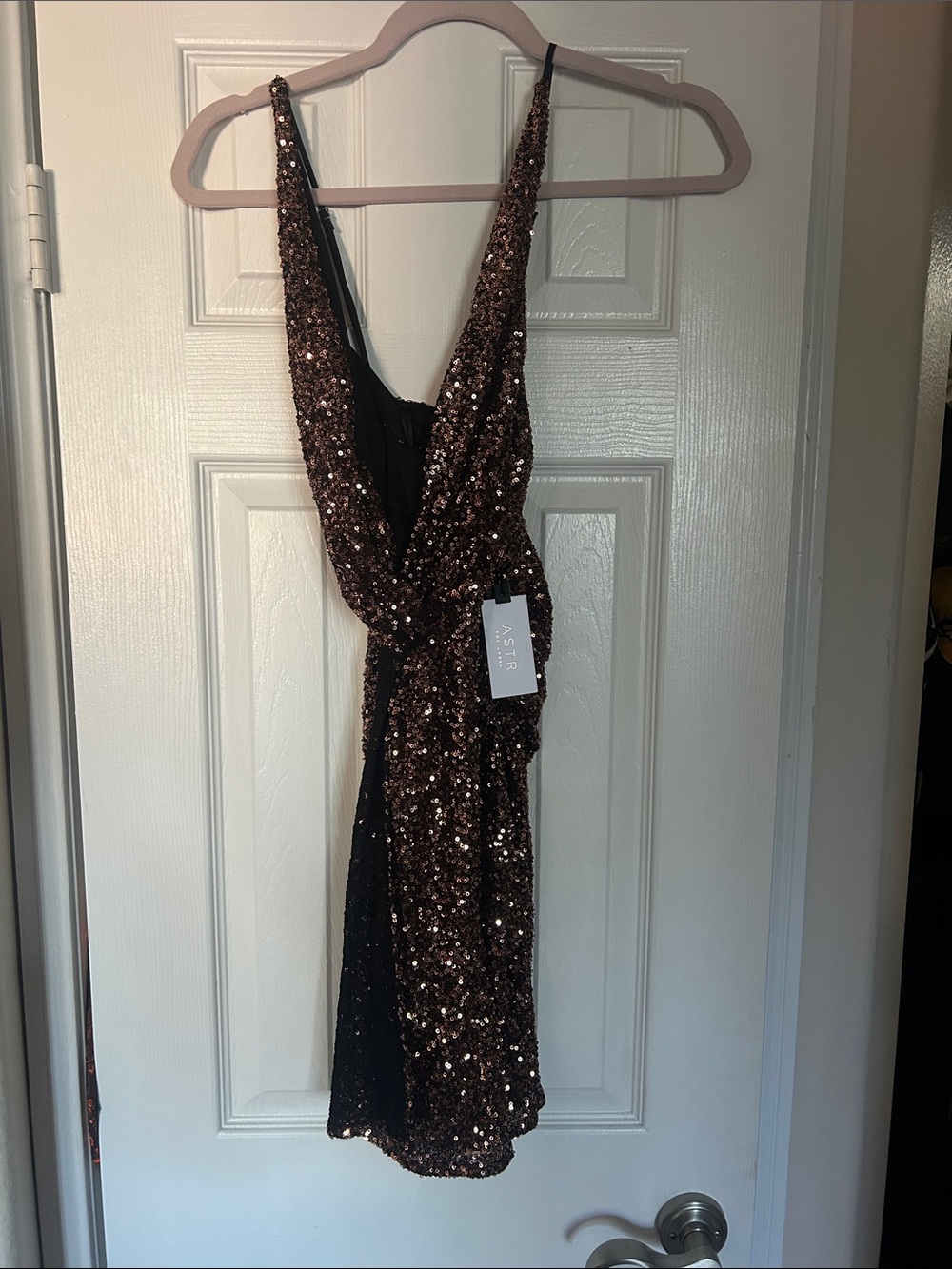 ASTR Bronze Sequin Deep V Mini Dress NWT